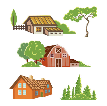 Set for landscape colored, symbols of houses, trees, barn. Vector illustrationのイラスト素材
