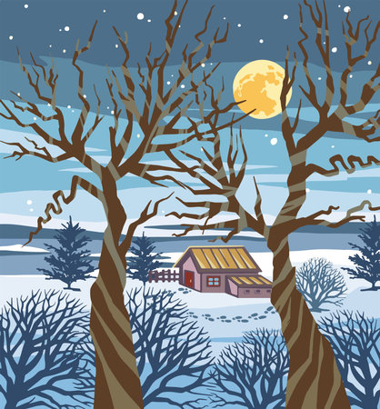Winter landscape with a house and snow-covered trees at sunset, print for a New Years card, poster, coverのイラスト素材