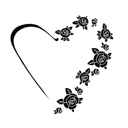 Heart frame made of silhouettes of rose flowers. Sketch vectorのイラスト素材