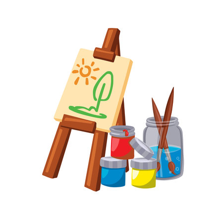 Easel with Brushes and Paints Hand Drawn Vector Illustrationのイラスト素材