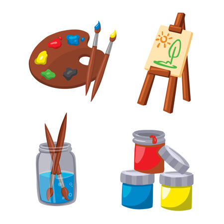 symbols childrens creative hobbies, brushes easel paints, hand drawn vector illustrationのイラスト素材