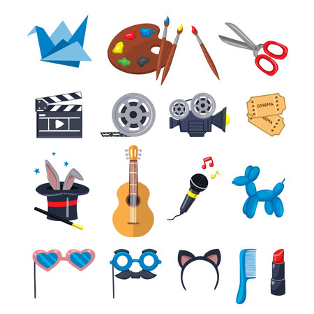 Large set of symbols childrens creative hobbies hand drawn vector illustrationのイラスト素材
