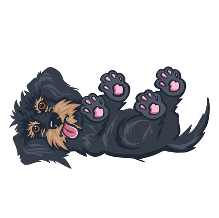 Cute black shaggy bearded mongrel dog lies on his back tired, color cartoon vector.のイラスト素材