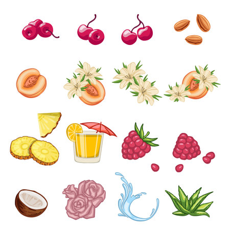 Set of fruit cosmetic ingredients, vector illustrationのイラスト素材