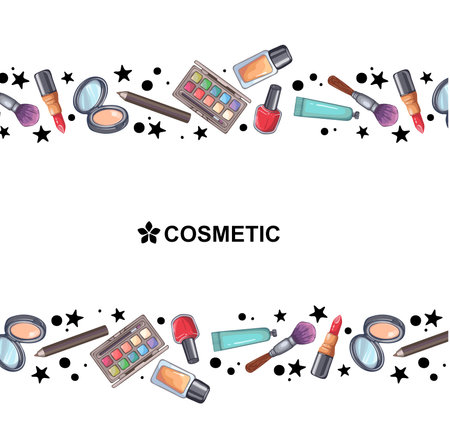 Colorful cosmetic product border pattern with bottles and containersのイラスト素材