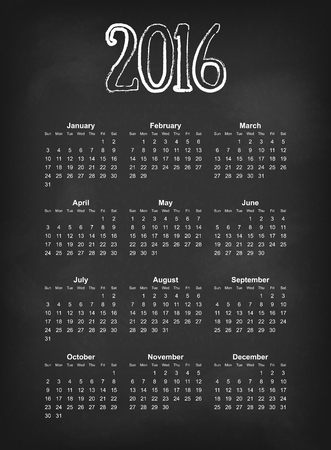 Vector 2016 calendar on black chalk board  American, Canadian calendar grid - weeks starts on Sundayのイラスト素材