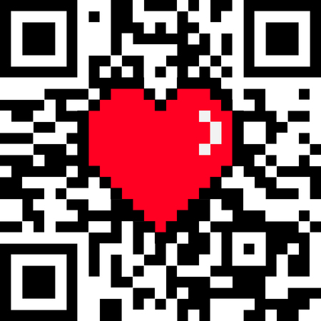 Vector QR code with encoded "LOVE" caption and 8 bit pixel heart Valentines Day cardの写真素材