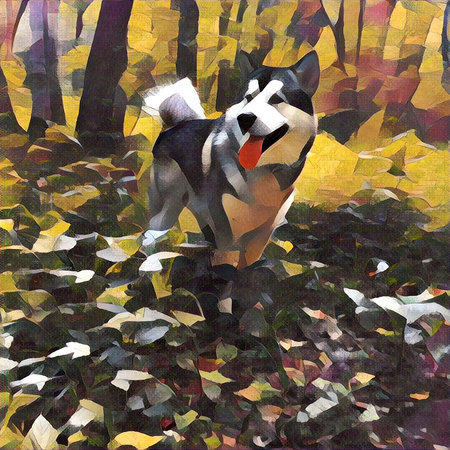 Alaskan malamute dog sitting on wooden planks in the autumn forest.