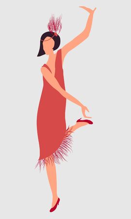Retro illustration. The dark-haired girl of 1920s in a red dress, dancing an incendiary dance. Vector. Flat cartoon style.のイラスト素材