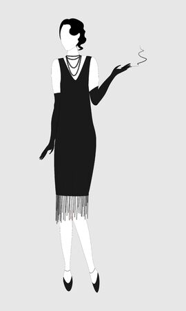 Silhouette of a girl or woman in retro style. Black-white silhouette. Full-length image. Girl with a cigaretteのイラスト素材