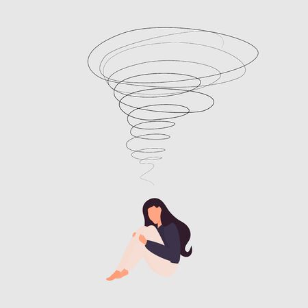 A very cute sad woman is sitting with her knees pressed down. Overhead a whirlwind of emotions and feelings. Experience. Flat cartoon style. Vector. Fatigue from the negative. Depression. Isolatedのイラスト素材
