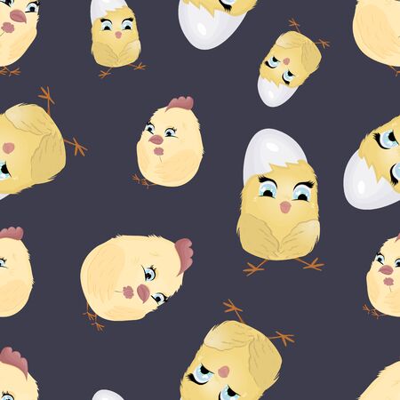 Seamless pattern with cute chickens on a gray background. Vector. Decor element. Suitable for wallpaper, covers, fabric, wrapping paper. Children's illustrationのイラスト素材