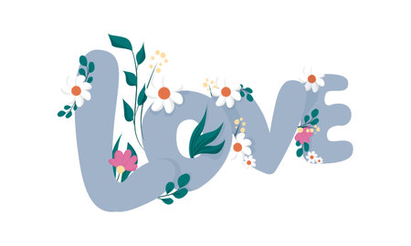Love. Windy inscription of blue letters with flowers. Isolated on white backgroundのイラスト素材