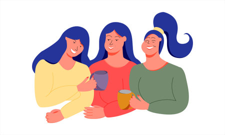 Three smiling women are drinking tea or coffee. Women Friendship. Live communication. Vector. Flat cartoon style. Isolated on a white background.のイラスト素材