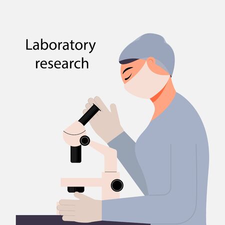 Girl medical worker looking through a microscope. Conducting a medical analysis. The study of the material. Vector. Cartoon style on a white background.のイラスト素材