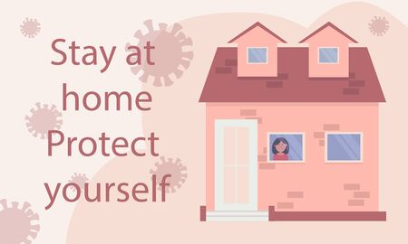 Stay home and protect yourself. Girl at home when viruses fly on the street. Sense of security. Vector. Flat cartoon style.のイラスト素材