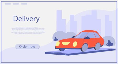 Car on a mobile phone on a background of the city. Delivery and transportation. The concept of staying at home. Flat cartoon style.のイラスト素材