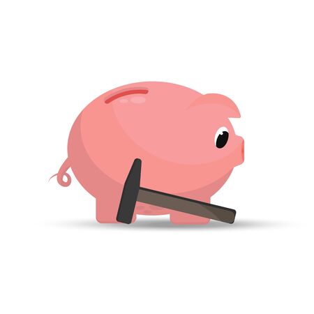 Sad piggy bank next to the hammer. Bankruptcy concept, finance loss. Vector illustration isolated on white background.のイラスト素材