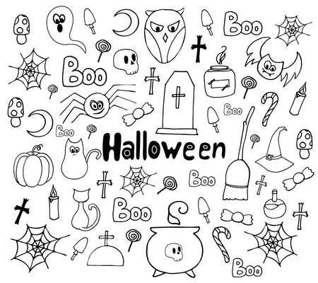 Set of decor elements for the celebration of Halloween. Vector. Drawn by hand. Black and white. Decor Elements. Holiday decoration.のイラスト素材