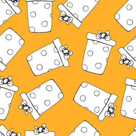 Seamless pattern. Contour of gift box on a yellow background. Vector. Doodle style.のイラスト素材