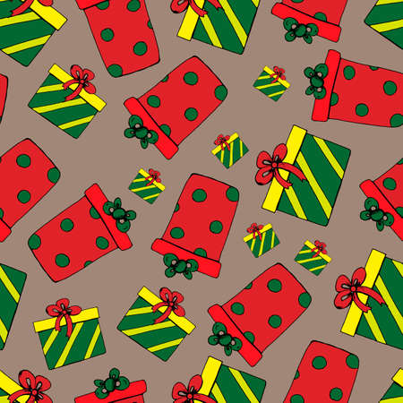 Seamless pattern. Boxes with gifts on a beige background. Vector. Doodle style. Can be used for decoration of cards, invitations.のイラスト素材