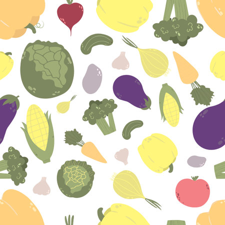 Seamless pattern from a set of vegetables in a cartoon style. Vector image. On white background.