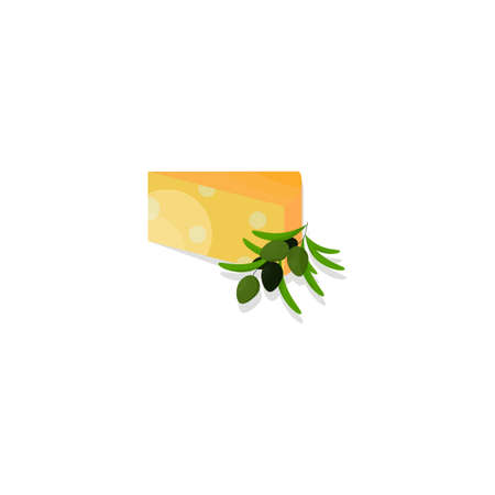 Composition of vector cheese and olive branches of different maturity. Food theme decor element. Can be used as a label, illustration. Flat styleのイラスト素材