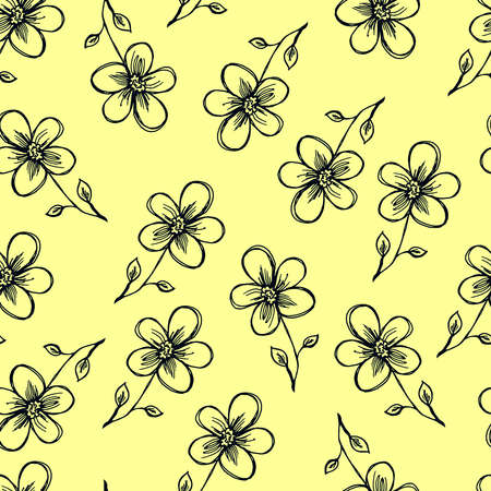 Seamless pattern with single flower on a yellow background. Vector. Suitable for fabric, packaging, background.のイラスト素材