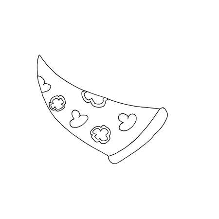 A slice of pizza with mushrooms and pepper, drawn by hand. Doodle style. Isolated circuit. Vector. Decor element.のイラスト素材