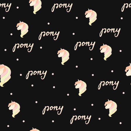 Seamless pattern. Pony on a black background. Unicorn. Vector. Decor element. Children's illustration.のイラスト素材