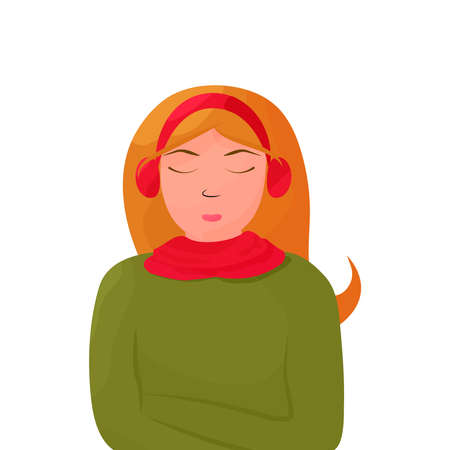 Pensive girl with closed eyes in headphones. Arms crossed on the chest. Vector illustrationのイラスト素材
