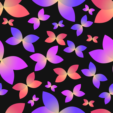 Seamless pattern Cartoon style vector butterflies on a black background. Suitable for gift wrapping, fabric, covers.のイラスト素材