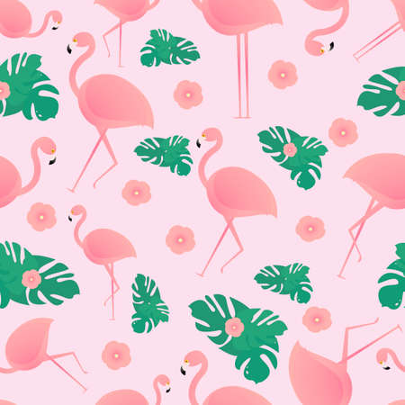 Seamless pattern with tropical leaves, flamingos and tropical flowers. On a pink background. Suitable for fabric, covers, wrapping paper.のイラスト素材