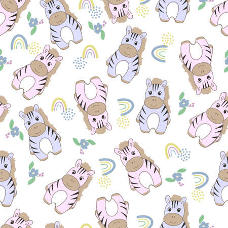 Seamless background with cute animals. Decorative cute wallpaper for the nursery in the Scandinavian style. Suitable for children's clothing, interior design, packaging, printing. Zebra with rainbow.のイラスト素材