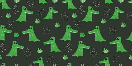 Seamless background with cute crocodile. Decorative cute wallpaper for the nursery in the Scandinavian style. Suitable for children's clothing, interior design, packaging, printingのイラスト素材