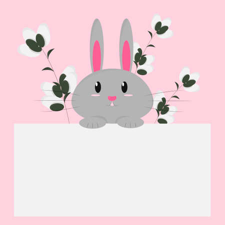 Template for greeting card with a cute rabbit and willow. Easter theme. Vector. Flat cartoon style. Place for your text, congratulations or invitationsのイラスト素材