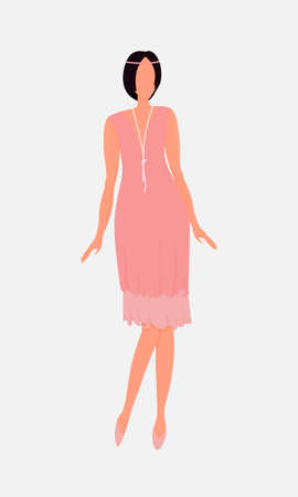 Cute dark-haired girl in the style of 1920s. Girl with a bob hairstyle. It stands in full growth in a pink dress. Vector. Flat cartoon style. Isolated on white background.のイラスト素材