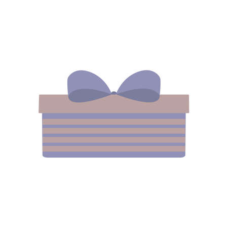 Festive box. Gift in packaging. Gray box with stripes and a blue bow. Isolated on a white background. Cartoon style. Vecor. Decor element for the decoration of gifts, invitationsのイラスト素材