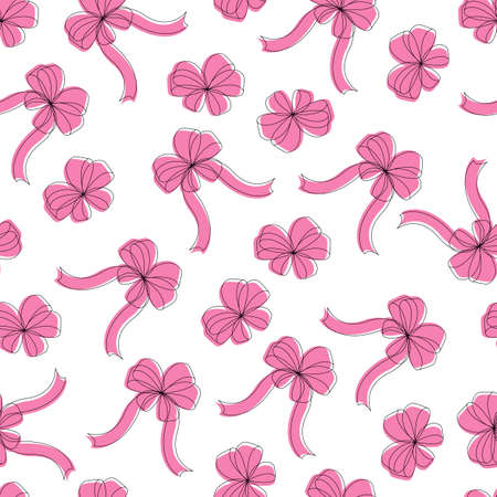 Seamless pattern of festive ribbons tied in bows. Pink elements on a white background. Suitable for fabric, wrapping paperのイラスト素材