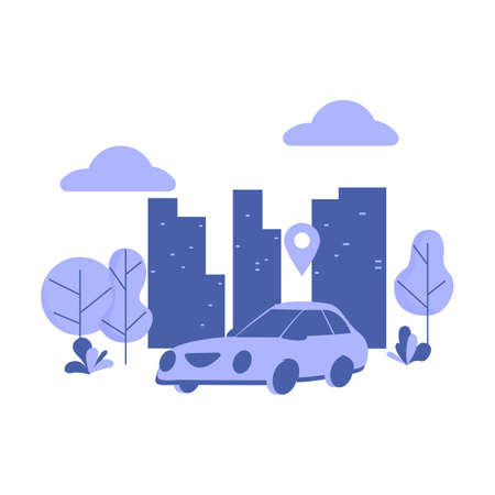 Car on the background of the night city. Vector. Car search concept. Call a car. Car sharingのイラスト素材