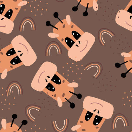 Seamless background with cute Giraffe head with rainbow. Decorative wallpaper for the nursery in the Scandinavian style. Suitable for children's clothing, interior design, packaging, printing.のイラスト素材