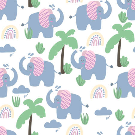 Seamless background with cute Elephant with palms. Decorative cute wallpaper for the nursery in the Scandinavian style. Suitable for children's clothing, interior design, packaging, printingのイラスト素材