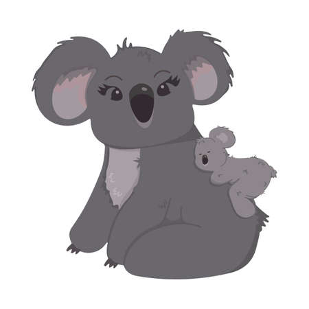 Vector children's colorful illustration of baby koala with mom in cartoon hand-drawn style for printing on baby clothes, interior design, packaging, stickers. Isolated on white.のイラスト素材