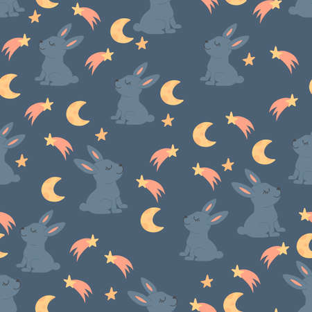 Seamless pattern with cute rabbits among the stars and the moon. Decorative wallpaper for the nursery in the Scandinavian style. Vector. Suitable for children's clothing, interior design, packaging.のイラスト素材