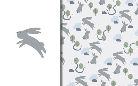 Set of vector seamless backgrounds and illustrations with hare. Vector baby illustrations in cartoon hand drawn style for printing on clothes, interior design, packaging, printingのイラスト素材