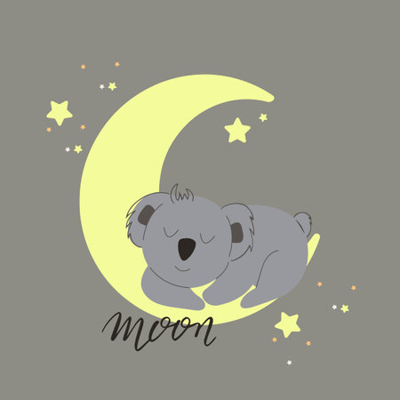 Koala sleeps on the moon among the stars, vector children's colorful illustrations in cartoon hand-drawn style for printing on children's clothing, interior design, packaging, stickersのイラスト素材