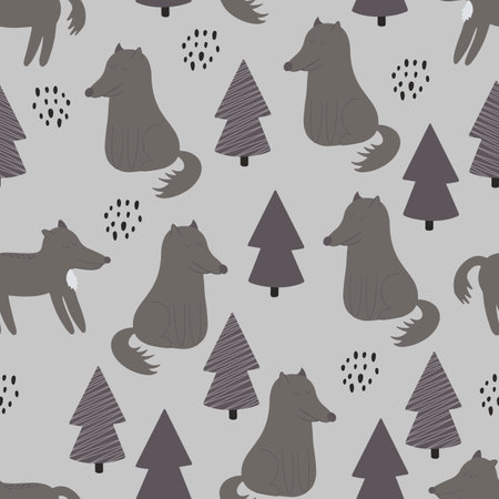 Seamless background with a wolf in the forest. Decorative wallpaper for the nursery in the Scandinavian style. Vector. Suitable for children's clothing, interior design, packaging, printingのイラスト素材
