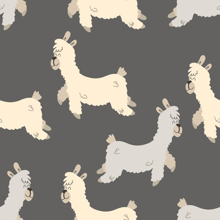 Funny llamas. Seamless background. Decorative wallpaper for the nursery in the Scandinavian style. Vector. Suitable for children's clothing, interior design, packaging, printingのイラスト素材