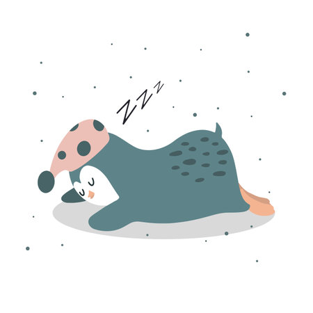 Cute sleeping penguin. Vector children's colorful illustration in cartoon hand drawn style for printing on children's clothes, interior design, packaging, stickers. Isolated on white.のイラスト素材