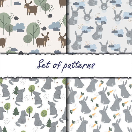 A set of four backgrounds with forest animals. Decorative wallpaper for the nursery in the Scandinavian style. Vector. Suitable for children's clothing, interior design, packaging, printingのイラスト素材